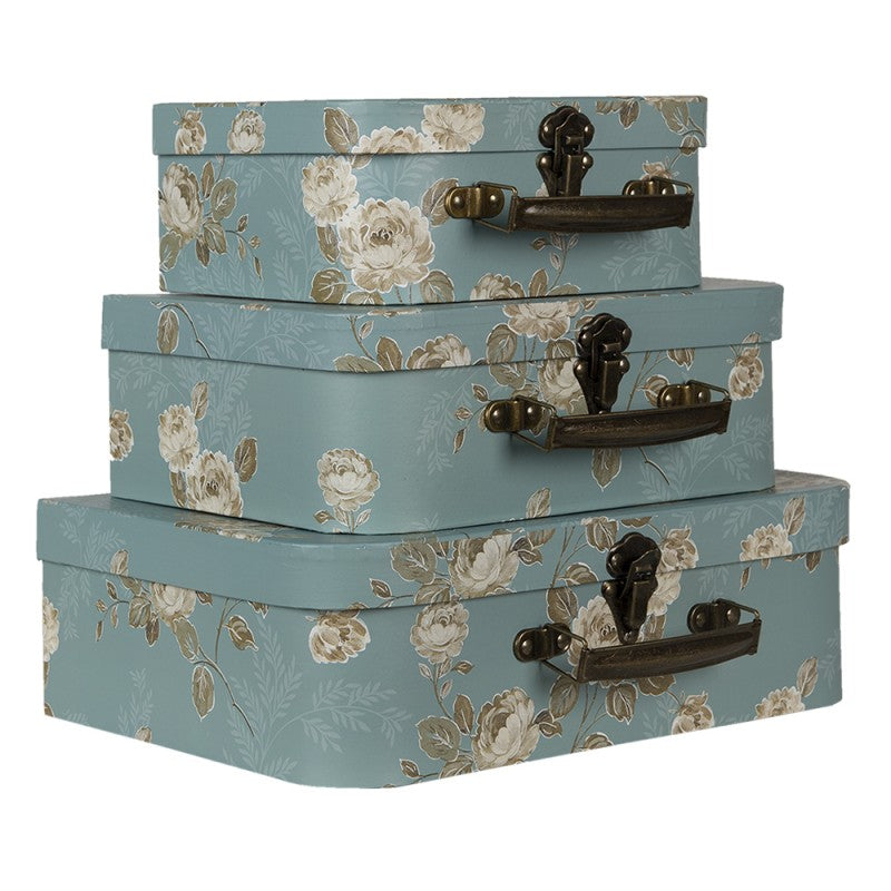 Decoratie Koffer Set van 3 30x21x9/25x18x9/20x16x8 cm Groen Karton Bloemen Opbergkoffer