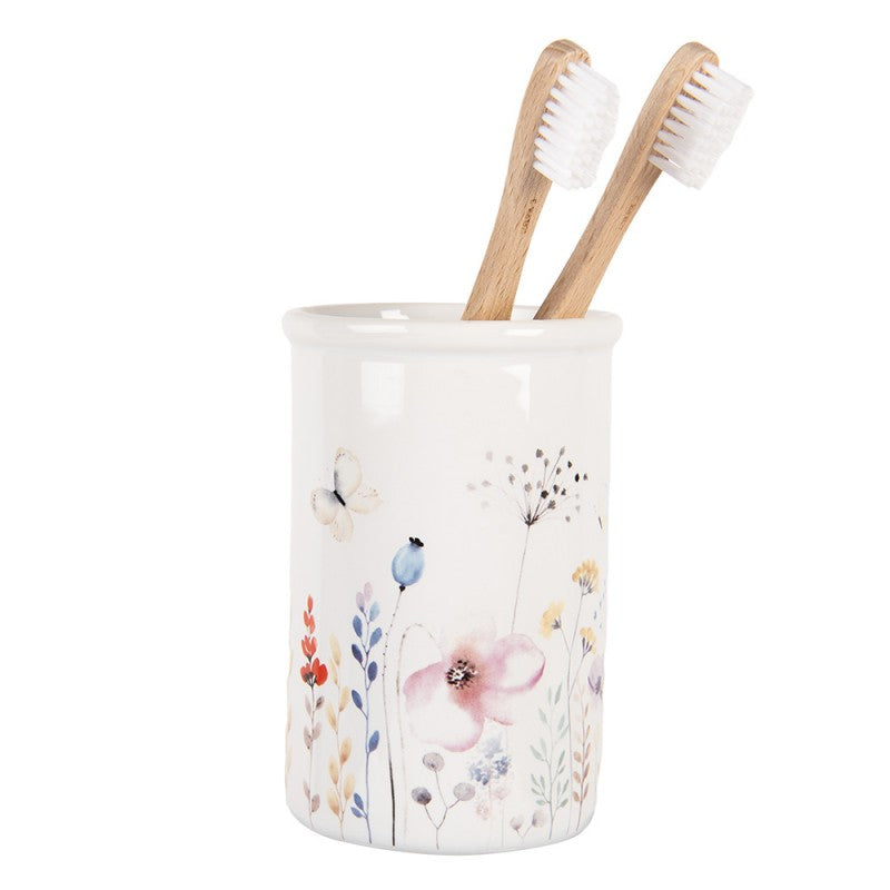 Tandenborstelhouder Ø 8x12 cm Wit Keramiek Bloemen