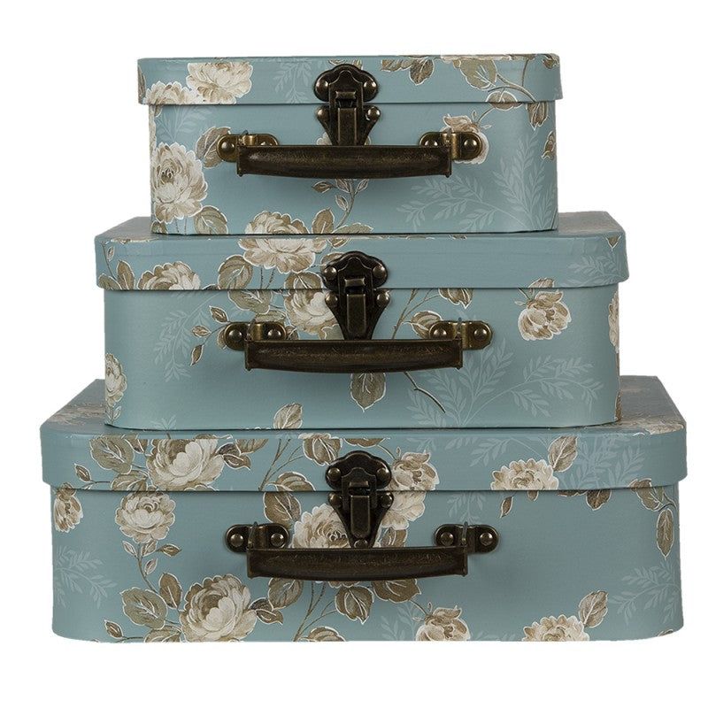 Decoratie Koffer Set van 3 30x21x9/25x18x9/20x16x8 cm Groen Karton Bloemen Opbergkoffer
