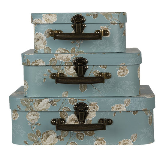 Decoratie Koffer Set van 3 30x21x9/25x18x9/20x16x8 cm Groen Karton Bloemen Opbergkoffer