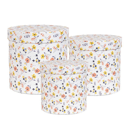 Opbergdoos Set van 3 Ø 19x19 / Ø 17x17 / Ø 15x15 cm Wit Karton Bloemen