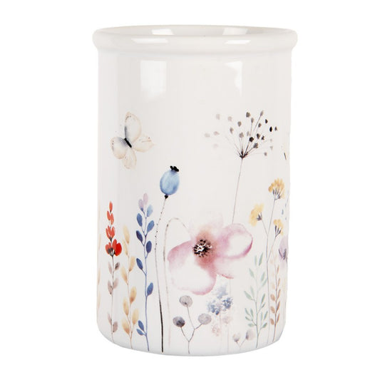 Tandenborstelhouder Ø 8x12 cm Wit Keramiek Bloemen