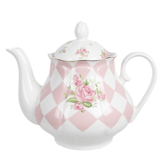 Theepot 1000 ml Roze Wit Porselein Rozen