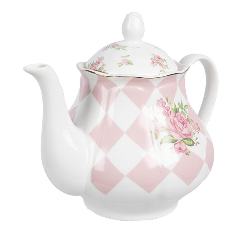 Theepot 1000 ml Roze Wit Porselein Rozen