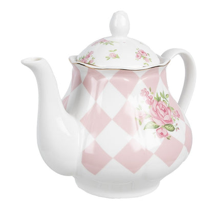 Theepot 1000 ml Roze Wit Porselein Rozen