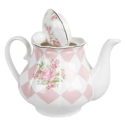 Theepot 1000 ml Roze Wit Porselein Rozen