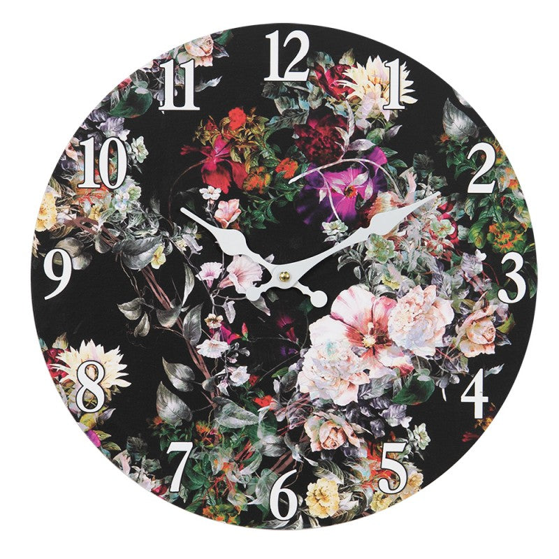 Wandklok Ø 34 cm Zwart Groen MDF Bloemen Muurklok